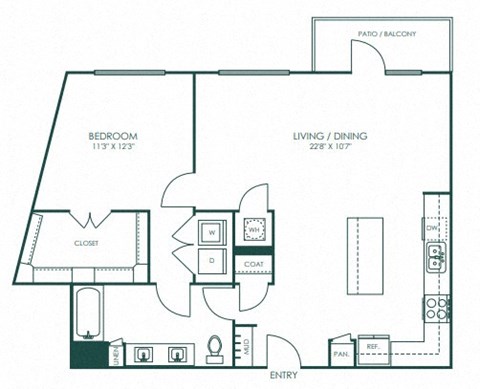 Floor plan for 1 bed, 1 bath, 950 sqft